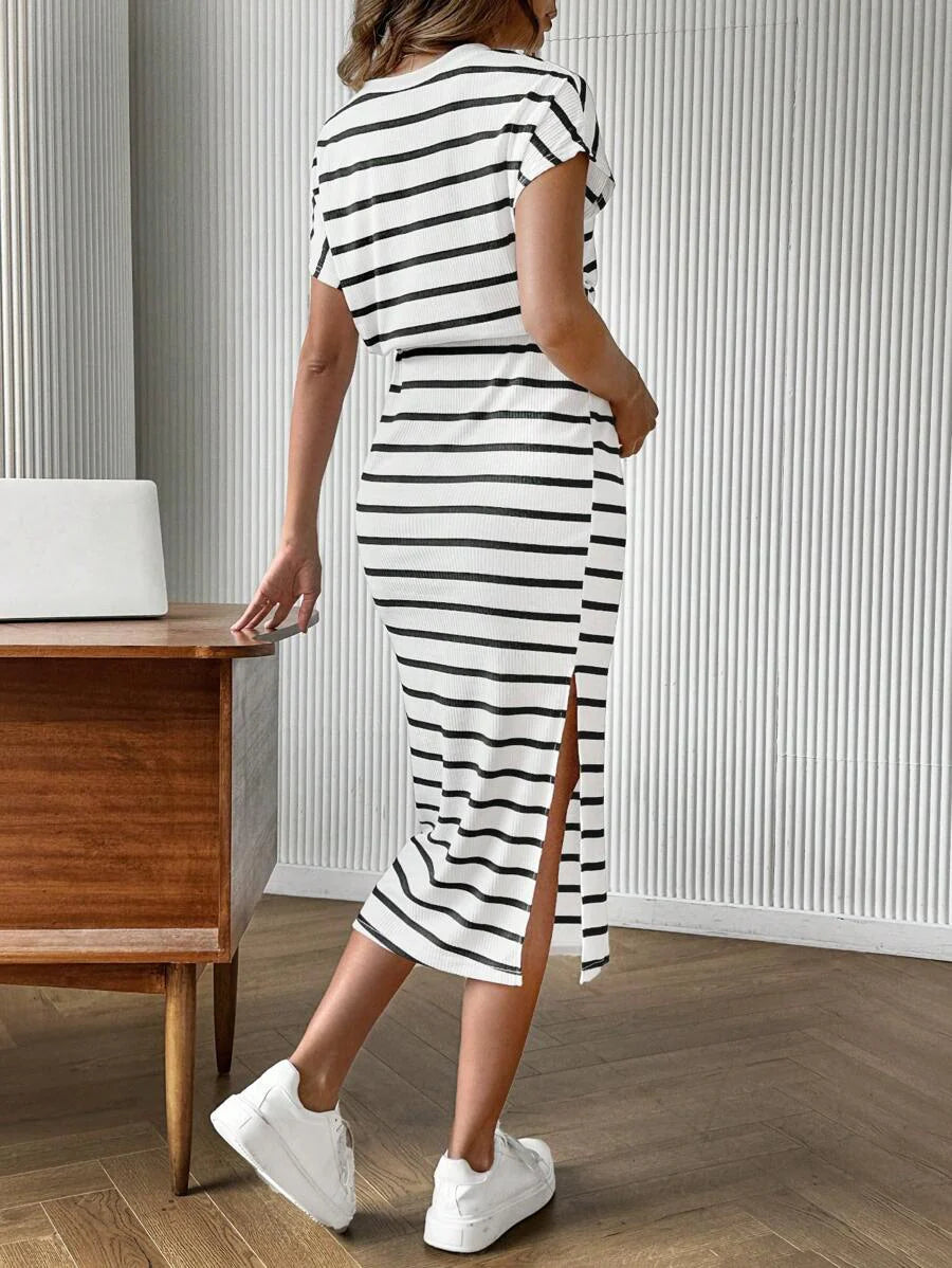 Maternity Striped Round Neck Batwing Sleeve Midi Dress Casual Drawstring Waist H-Line Dress with Side Slit