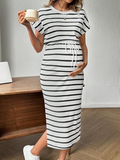 Maternity Striped Round Neck Batwing Sleeve Midi Dress Casual Drawstring Waist H-Line Dress with Side Slit