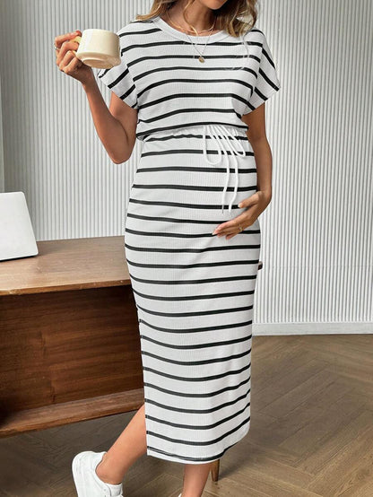 Maternity Striped Round Neck Batwing Sleeve Midi Dress Casual Drawstring Waist H-Line Dress with Side Slit