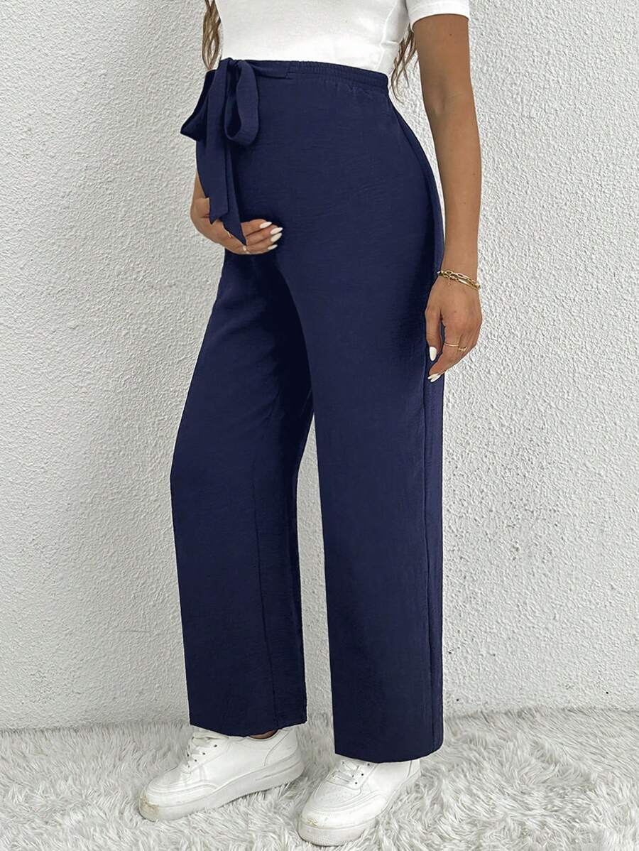 Maternity Straight Leg Pants - Belted Waist, Cooling Fabric, Ultra High Waist, Black