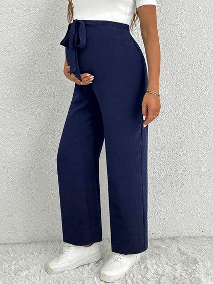 Maternity Straight Leg Pants - Ultra High Waist, Elastic Waist, Knot Detail, Navy Blue