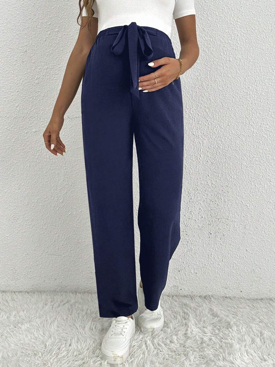 Maternity Straight Leg Pants - Belted Waist, Cooling Fabric, Ultra High Waist, Black