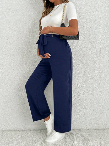 Maternity Straight Leg Pants - Ultra High Waist, Elastic Waist, Knot Detail, Navy Blue