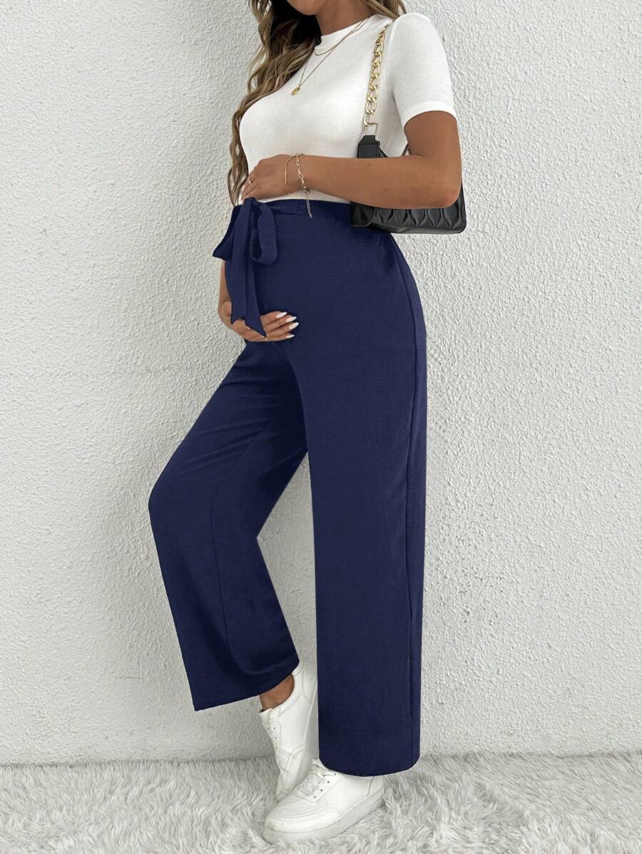 Maternity Straight Leg Pants - Belted Waist, Cooling Fabric, Ultra High Waist, Black