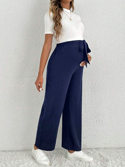 Maternity Straight Leg Pants - Ultra High Waist, Elastic Waist, Knot Detail, Navy Blue