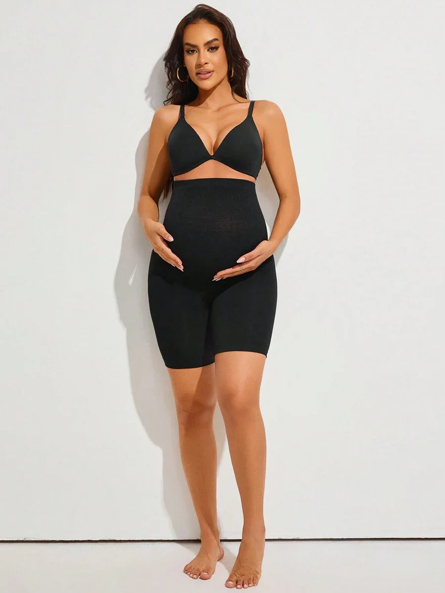 Black High Waist Maternity Shorts - Expandable Abdominal Panel Support