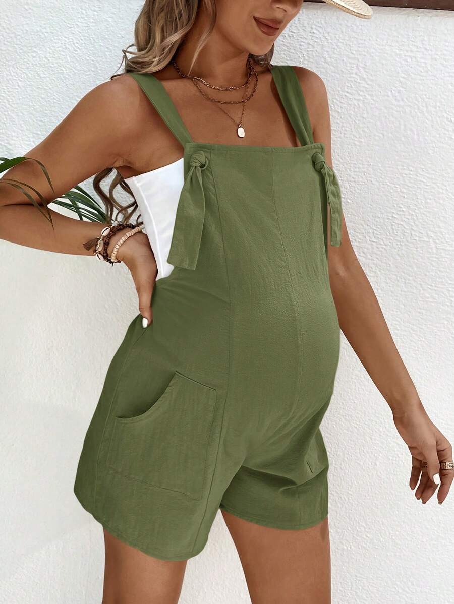 Pink Minimalist Backless Maternity Jumpsuit - 100% Cotton Loose Fit Short Overalls with Pockets - Summer Beach Casual Sleeveless One Piece