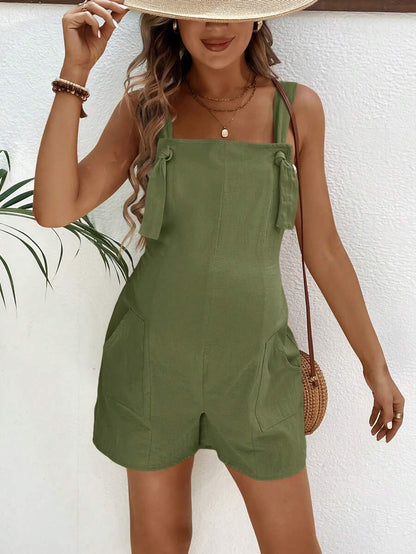 Pink Minimalist Backless Maternity Jumpsuit - 100% Cotton Loose Fit Short Overalls with Pockets - Summer Beach Casual Sleeveless One Piece
