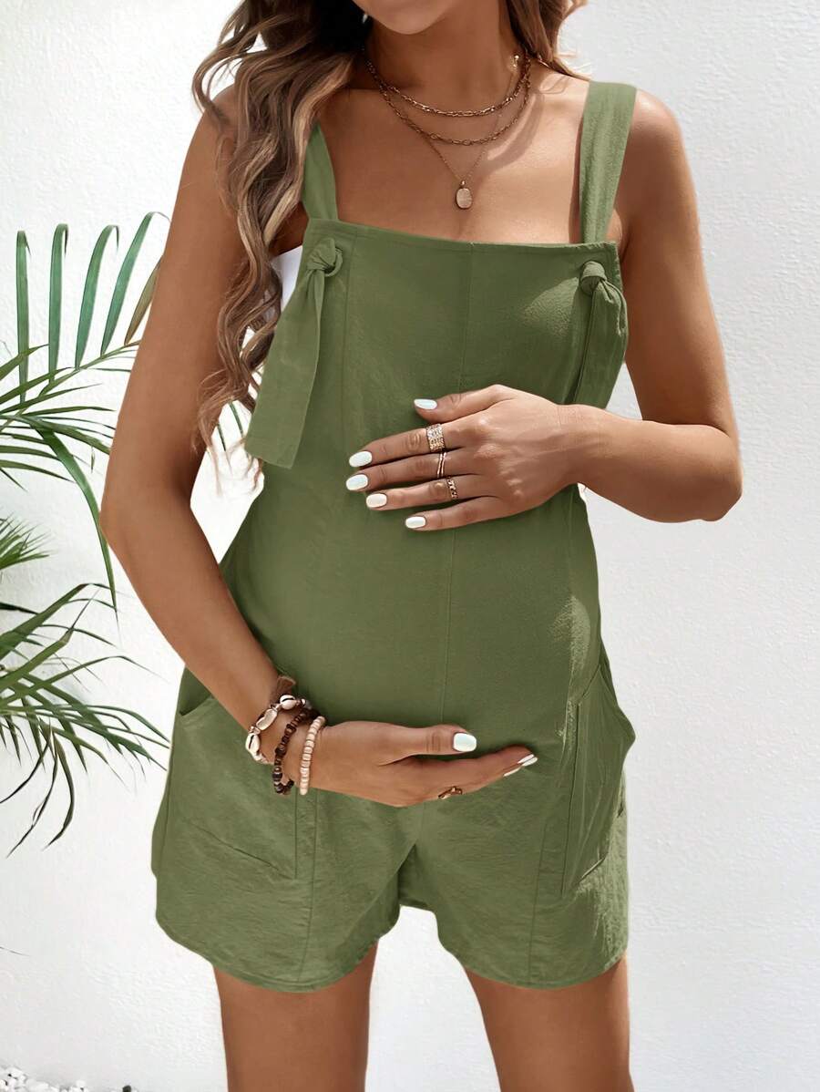 Pink Minimalist Backless Maternity Jumpsuit - 100% Cotton Loose Fit Short Overalls with Pockets - Summer Beach Casual Sleeveless One Piece