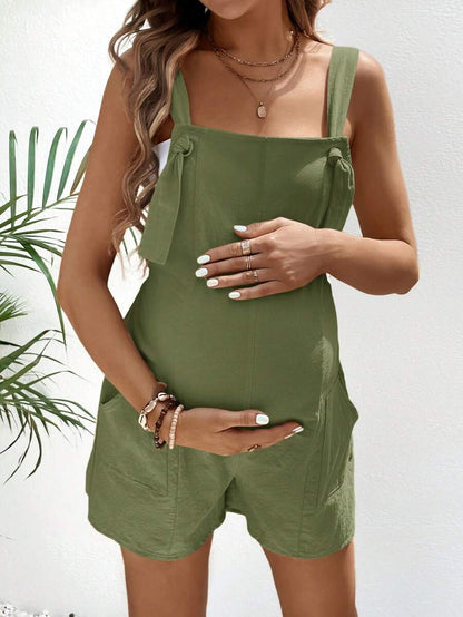 Pink Minimalist Backless Maternity Jumpsuit - 100% Cotton Loose Fit Short Overalls with Pockets - Summer Beach Casual Sleeveless One Piece