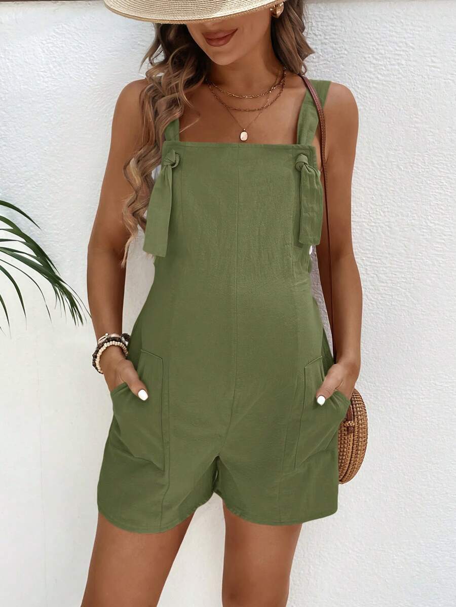 Pink Minimalist Backless Maternity Jumpsuit - 100% Cotton Loose Fit Short Overalls with Pockets - Summer Beach Casual Sleeveless One Piece