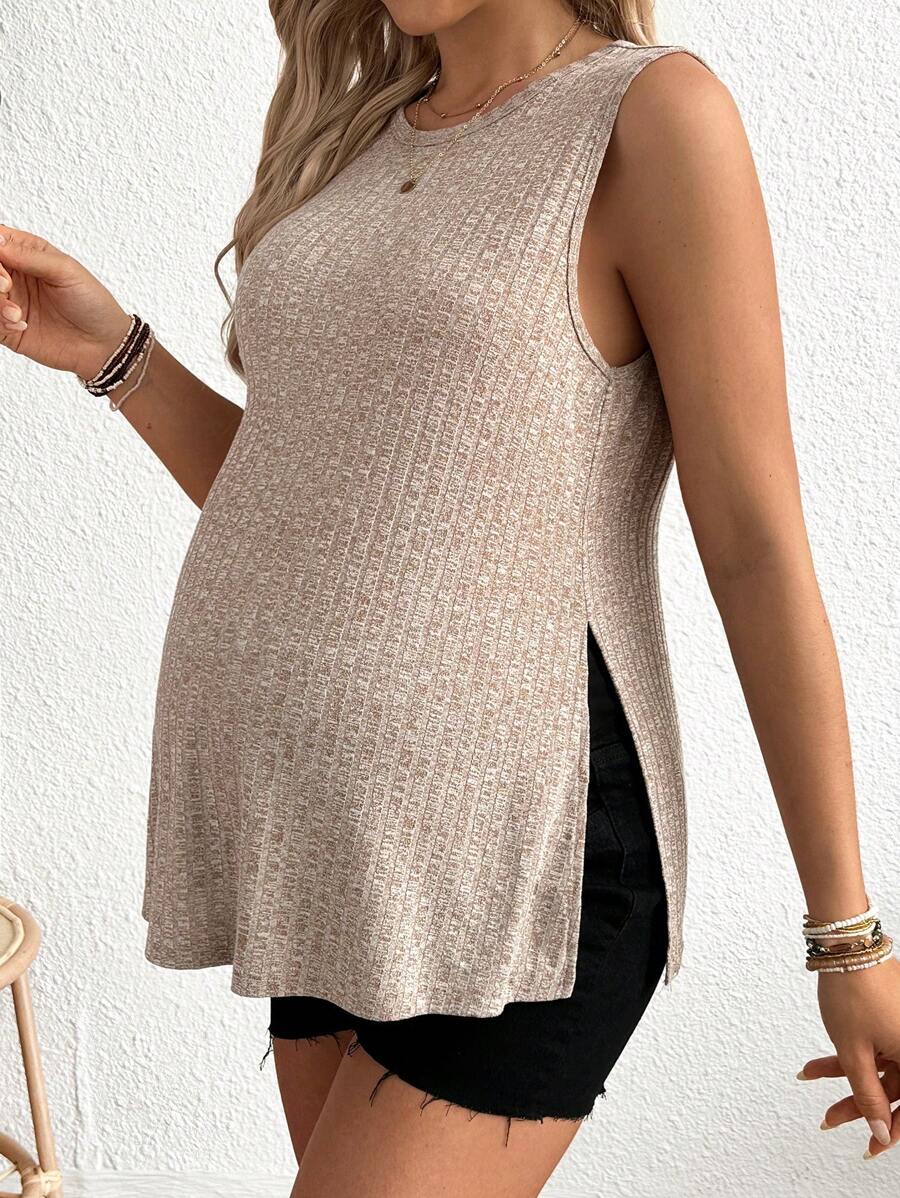 Maternity Side Slit Knit Camisole Tank - Round Neck Sleeveless Travel & Everyday, Apricot