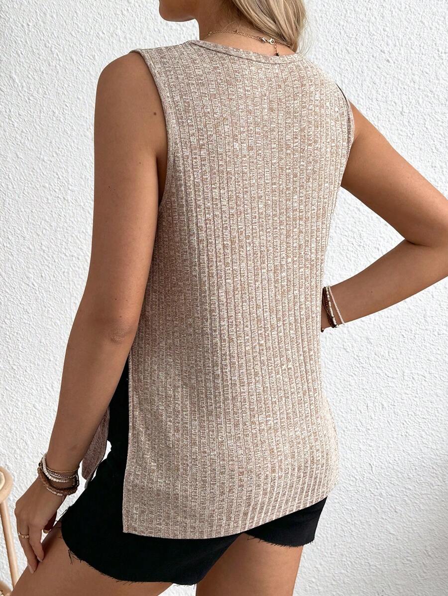 Maternity Side Slit Knit Camisole Tank - Round Neck Sleeveless Travel & Everyday, Apricot