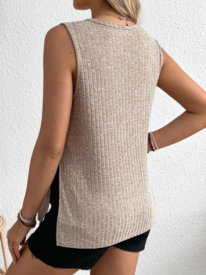 Maternity Side Slit Knit Camisole Tank - Round Neck Sleeveless Travel & Everyday, Apricot