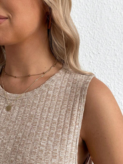 Maternity Side Slit Knit Camisole Tank - Round Neck Sleeveless Travel & Everyday, Apricot