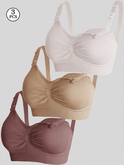 3-Pack Seamless Nursing Bras in Black, Burgundy & Nude, Wireless Maternity Sleep Bra with Front Clasp and Removable Padding