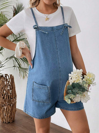 Maternity Dark Wash Denim Bib Shorts Casual Spaghetti Strap Plain Sleeveless Jean Overalls for Country Concerts