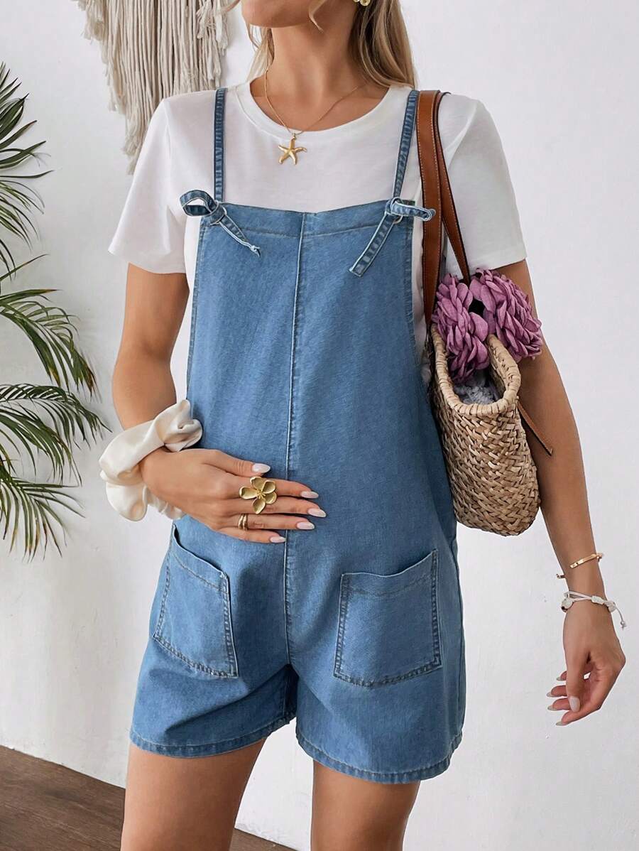 Maternity Dark Wash Denim Bib Shorts Casual Spaghetti Strap Plain Sleeveless Jean Overalls for Country Concerts