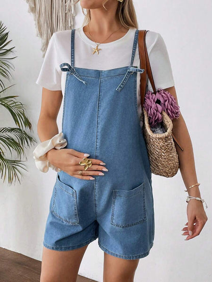 Maternity Dark Wash Denim Bib Shorts Casual Spaghetti Strap Plain Sleeveless Jean Overalls for Country Concerts
