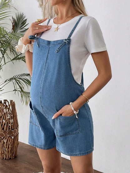 Maternity Dark Wash Denim Bib Shorts Casual Spaghetti Strap Plain Sleeveless Jean Overalls for Country Concerts