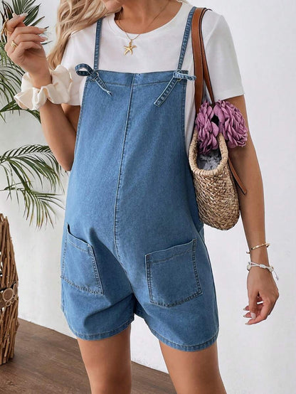 Maternity Dark Wash Denim Bib Shorts Casual Spaghetti Strap Plain Sleeveless Jean Overalls for Country Concerts