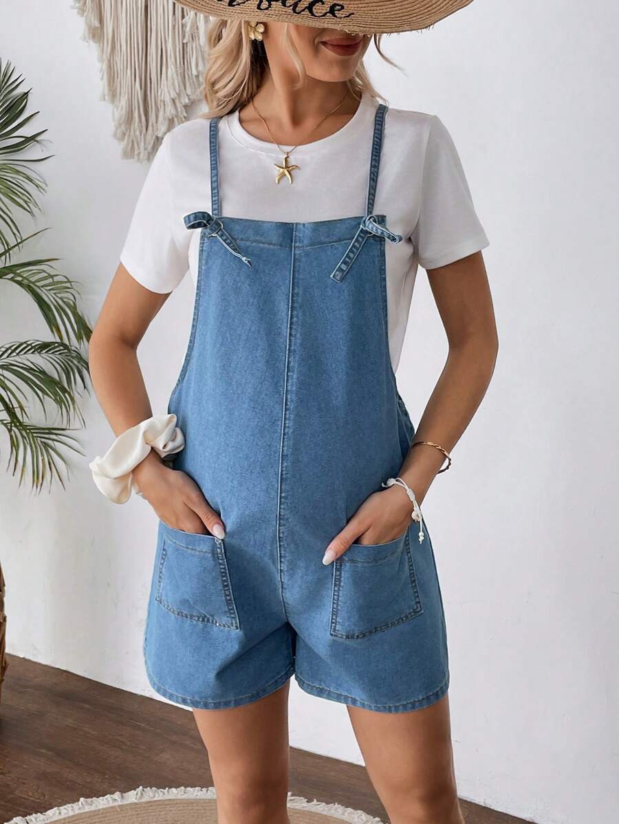 Maternity Dark Wash Denim Bib Shorts Casual Spaghetti Strap Plain Sleeveless Jean Overalls for Country Concerts