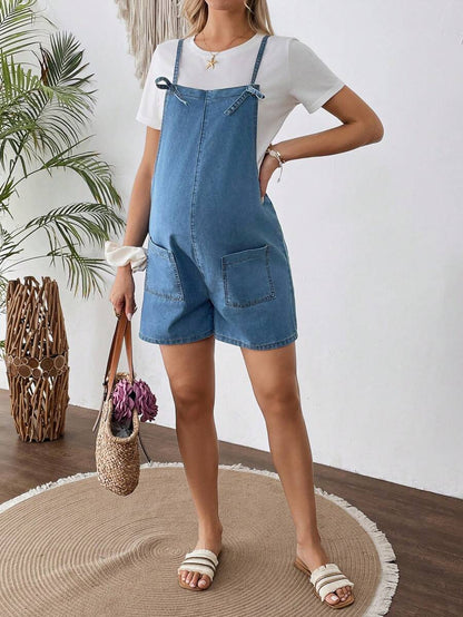 Maternity Dark Wash Denim Bib Shorts Casual Spaghetti Strap Plain Sleeveless Jean Overalls for Country Concerts