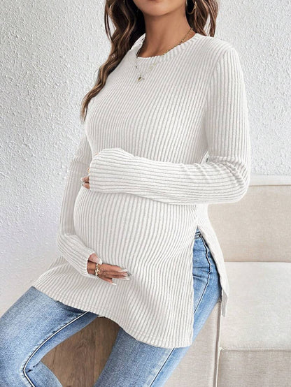 White Ribbed Side Split Long Sleeve Maternity T-Shirt - Slim Fit Crew Neck Knitted Casual Pregnancy Top with Slit Hem