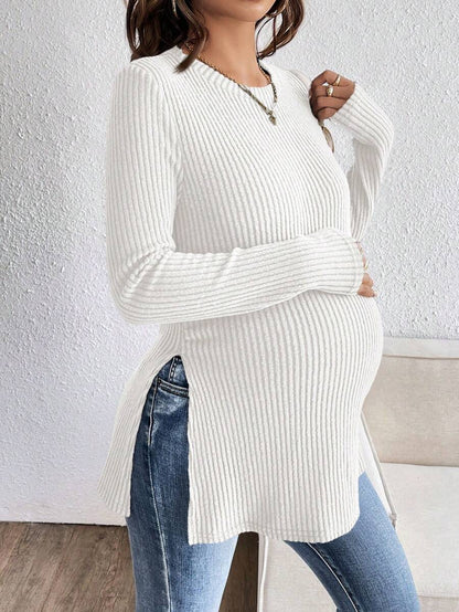 White Ribbed Side Split Long Sleeve Maternity T-Shirt - Slim Fit Crew Neck Knitted Casual Pregnancy Top with Slit Hem