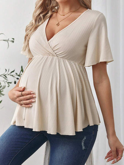 V-Neck Ruffle Hem Maternity T-Shirt - Short Flounce Sleeve High-Stretch Slim Fit Casual Top