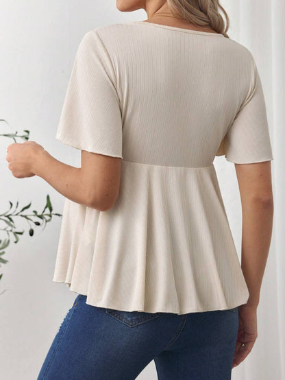 V-Neck Ruffle Hem Maternity T-Shirt - Short Flounce Sleeve High-Stretch Slim Fit Casual Top