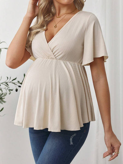 V-Neck Ruffle Hem Maternity T-Shirt - Short Flounce Sleeve High-Stretch Slim Fit Casual Top