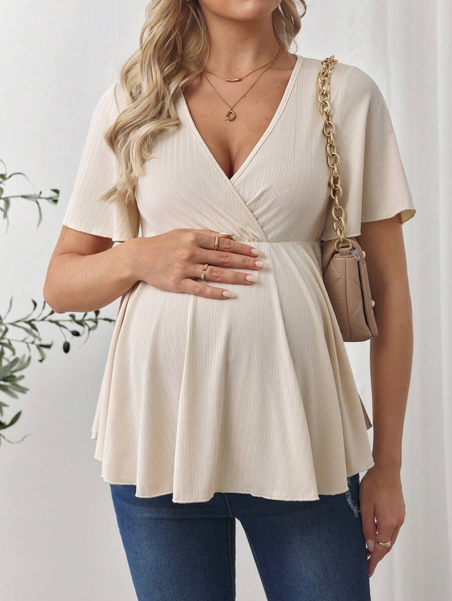 V-Neck Ruffle Hem Maternity T-Shirt - Short Flounce Sleeve High-Stretch Slim Fit Casual Top
