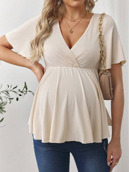 V-Neck Ruffle Hem Maternity T-Shirt - Short Flounce Sleeve High-Stretch Slim Fit Casual Top