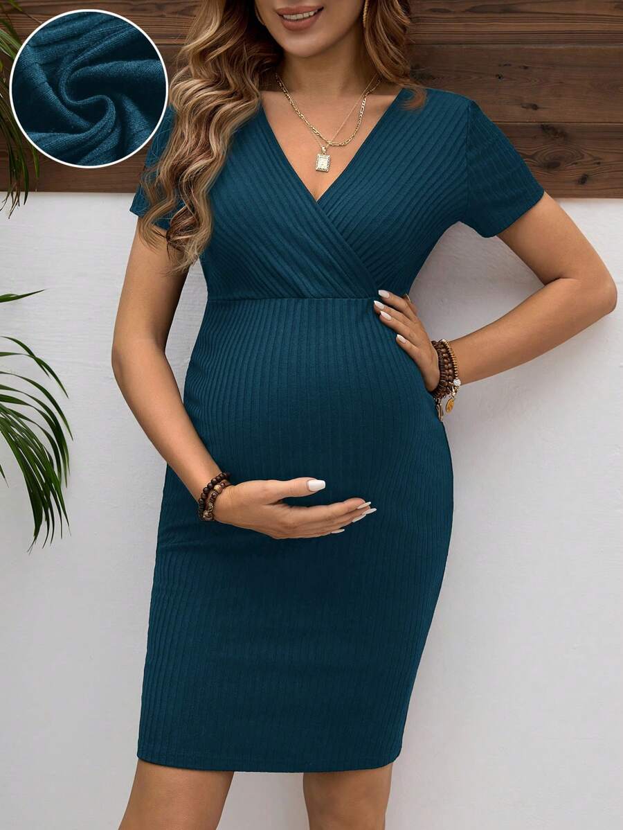 Maternity Wrap V Neck Short Sleeve Dress Slim Fit High Waist Bodycon Pencil Dress for Daily Wear