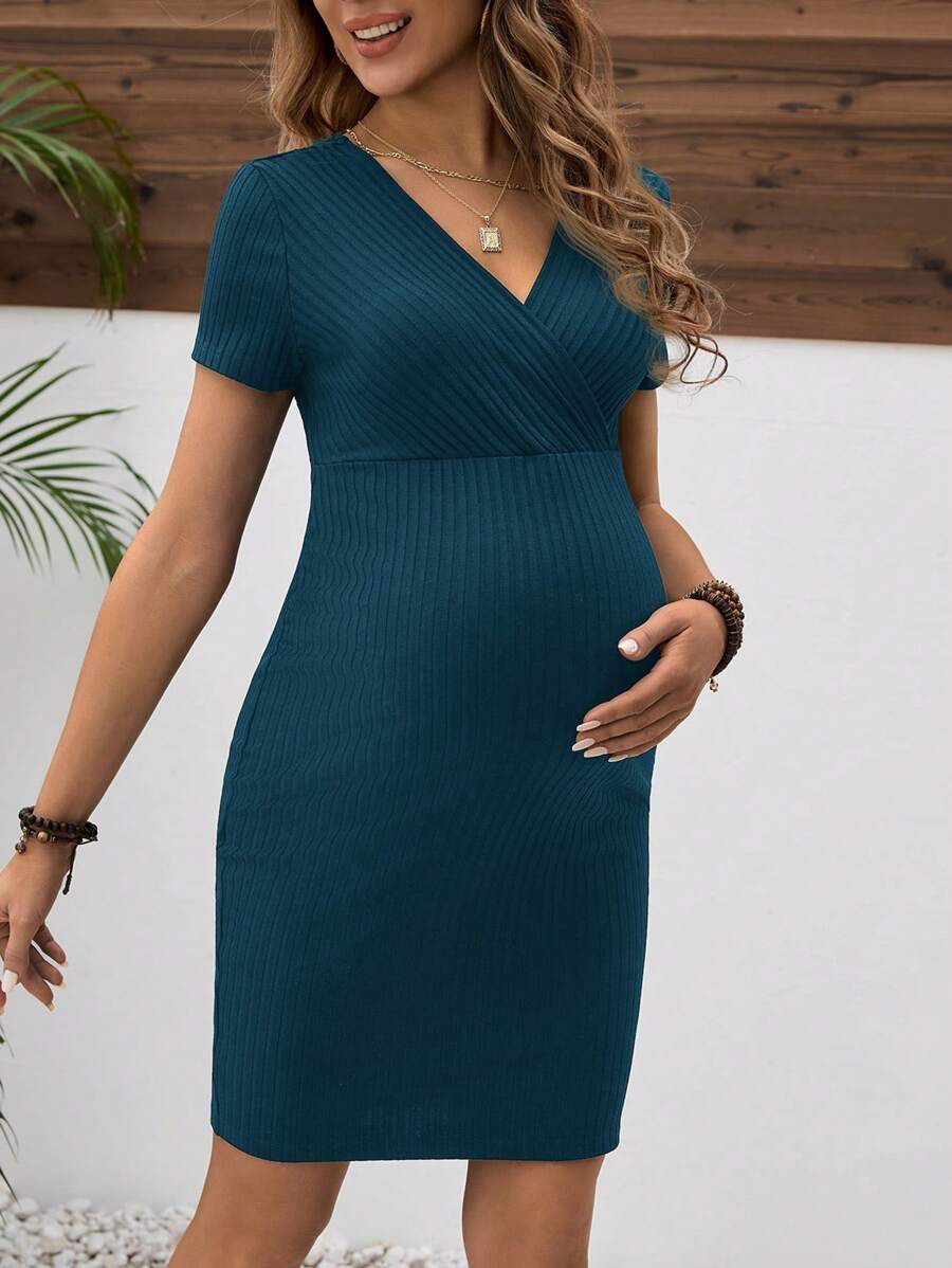 Maternity V-Neck Short Sleeve Bodycon Mini Dress in Teal Blue Slim Fit High Waist Knitted Pencil Dress for Casual Daily Wear