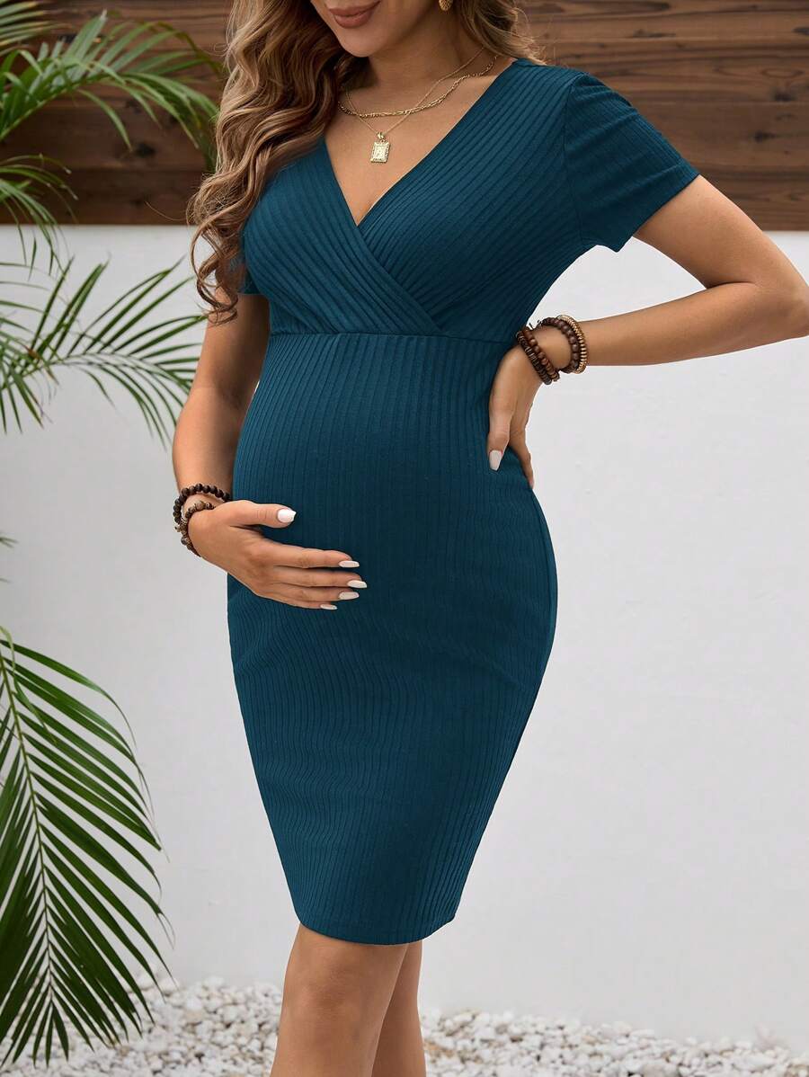 Maternity Wrap V Neck Short Sleeve Dress Slim Fit High Waist Bodycon Pencil Dress for Daily Wear