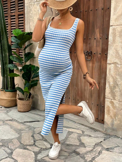 Lyckli Women's Casual Spaghetti Strap Maternity Midi Dress