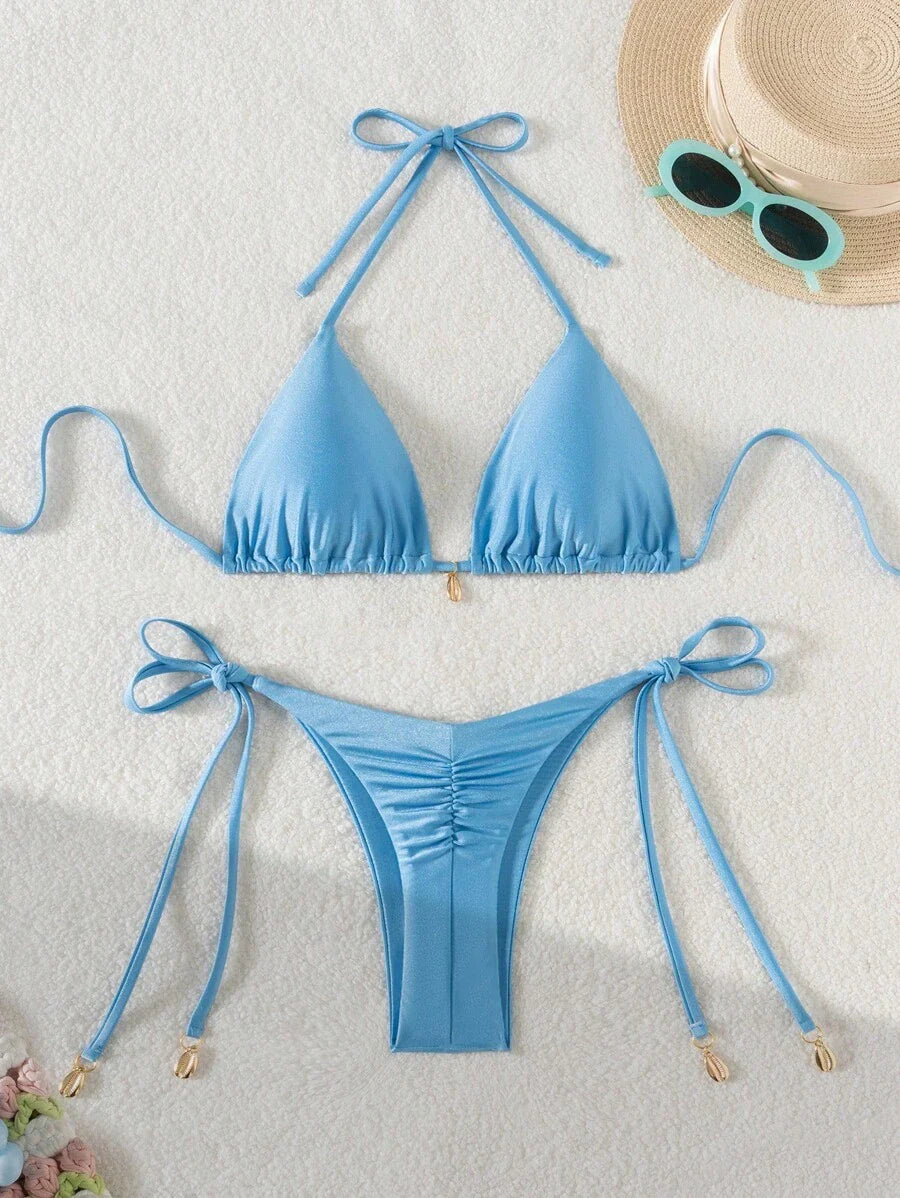 Swim Chiccia Women Spring Break Summer Beach Solid Color Halter Tie Sexy Bikini Swimsuit Set