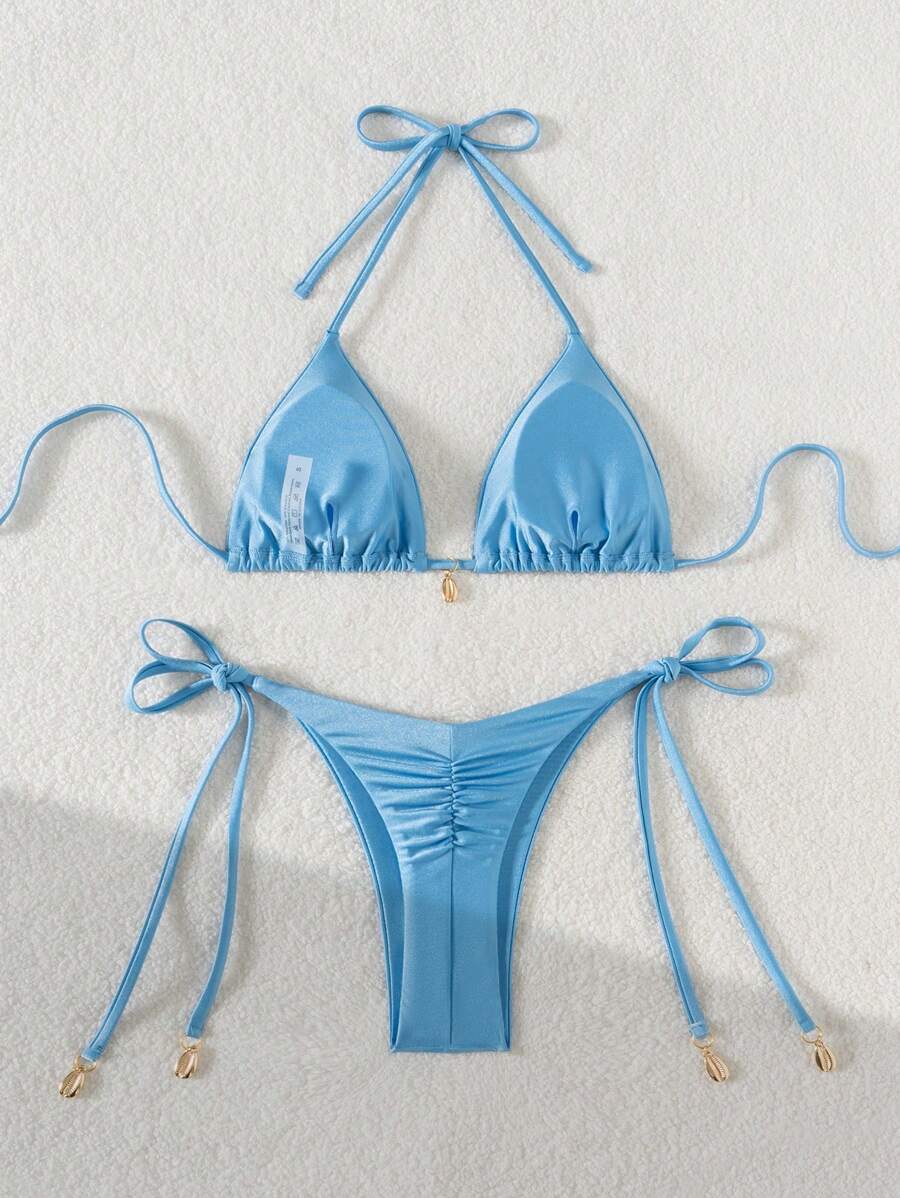 Swim Chiccia Women Spring Break Summer Beach Solid Color Halter Tie Sexy Bikini Swimsuit Set