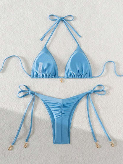 Swim Chiccia Women Spring Break Summer Beach Solid Color Halter Tie Sexy Bikini Swimsuit Set
