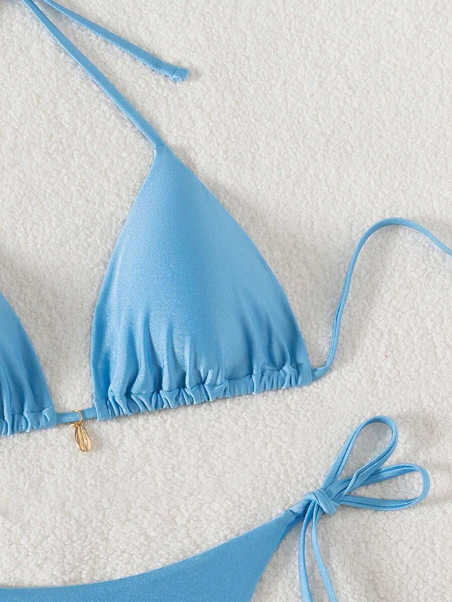 Swim Chiccia Women Spring Break Summer Beach Solid Color Halter Tie Sexy Bikini Swimsuit Set