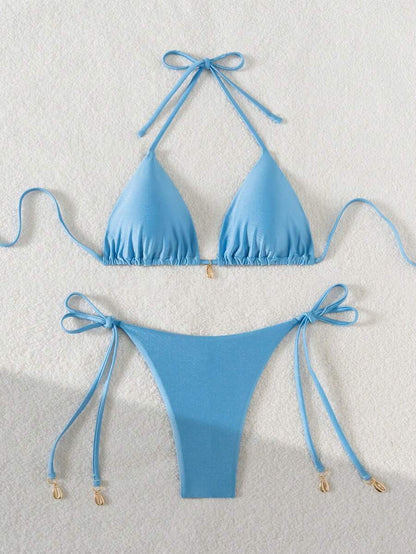 Swim Chiccia Women Spring Break Summer Beach Solid Color Halter Tie Sexy Bikini Swimsuit Set