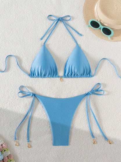 Swim Chiccia Women Spring Break Summer Beach Solid Color Halter Tie Sexy Bikini Swimsuit Set