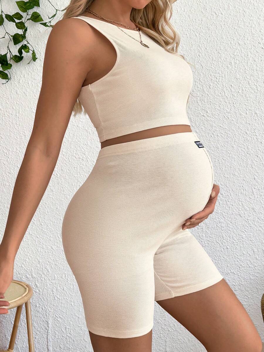 2-Piece Maternity Racerback Cami and Letter Print Shorts Set - Slim Fit Rib-Knit Athletic Streetwear Set