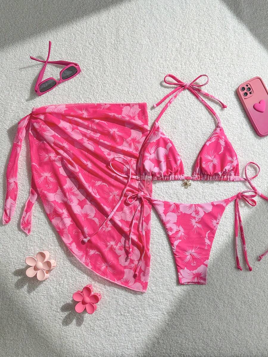 Women's 3-Piece Halter Bikini Set - Beach Dress, Tie-Up, Skirt Bottom, Blue
