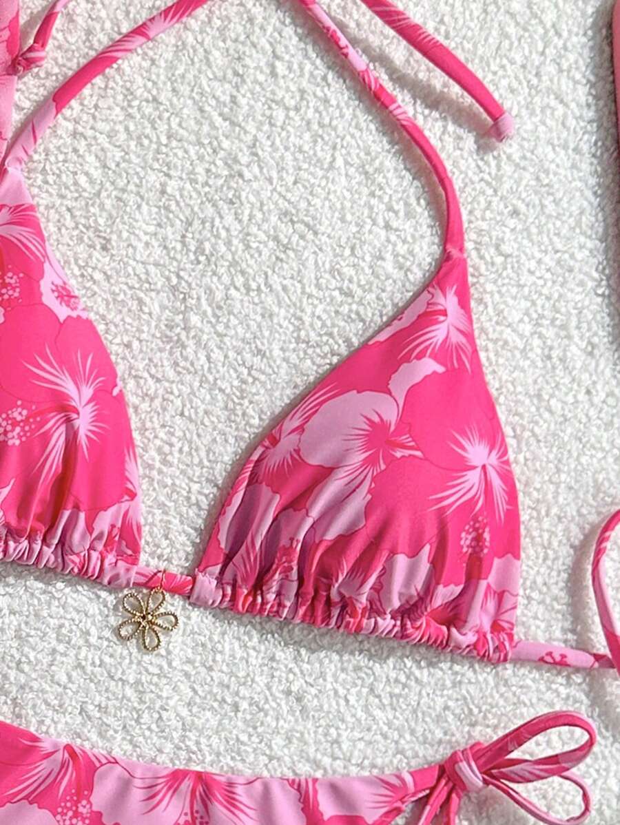 Women's 3-Piece Halter Bikini Set - Beach Dress, Tie-Up, Skirt Bottom, Blue