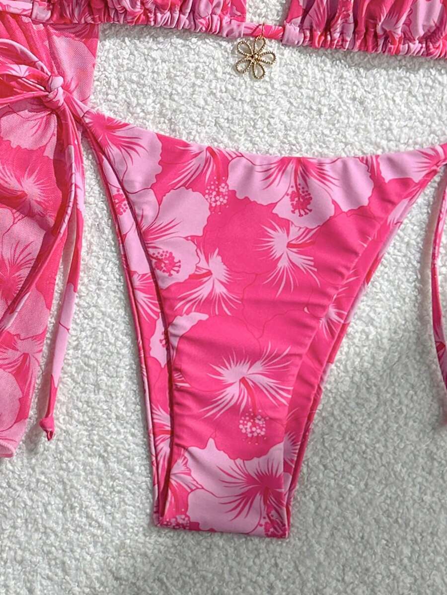 Women's 3-Piece Halter Bikini Set - Beach Dress, Tie-Up, Skirt Bottom, Blue