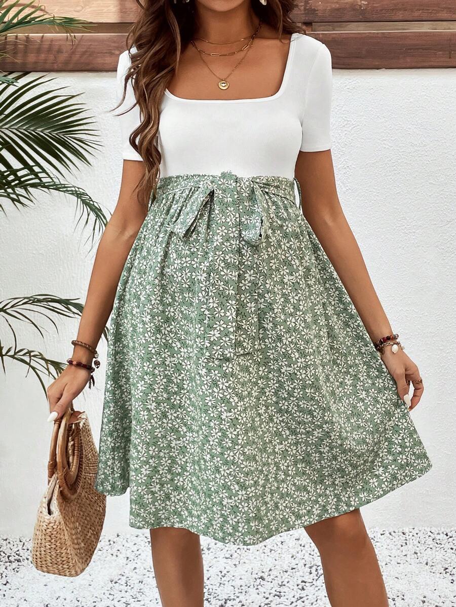 Green Ditsy Floral Maternity Summer Dress - Square Neck Short Sleeve A-Line High Waist Casual Beach Mini Dress