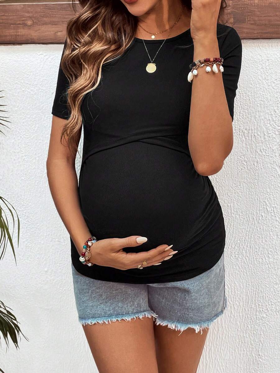 Burgundy Maternity Nursing Top with Short Sleeves and Ruched Slim Fit Detail - Soft Knit Casual Round Neck Shirt for New Moms